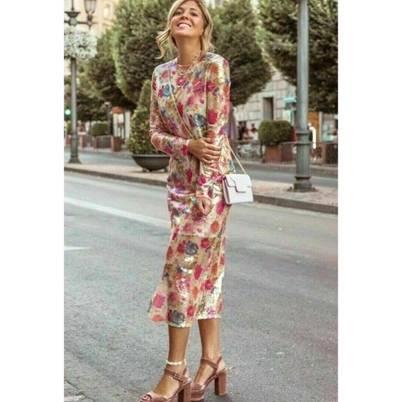 Zara Floral Print Sequin Midi Long Sleeve Dress - Picture 2 of 9